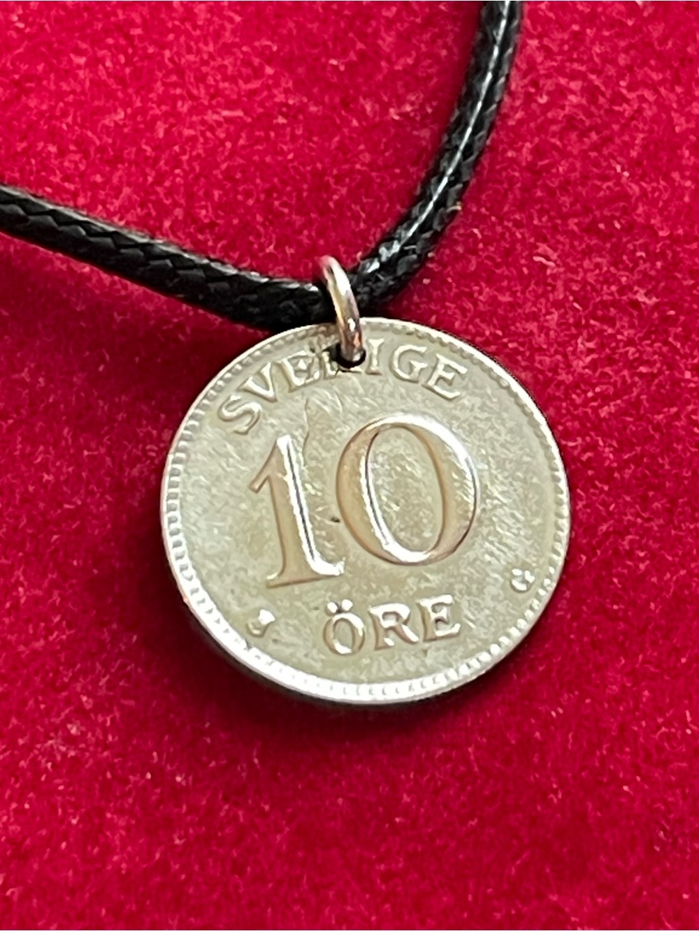 Vintage Sweden  Coin Pendant on Black Cord
